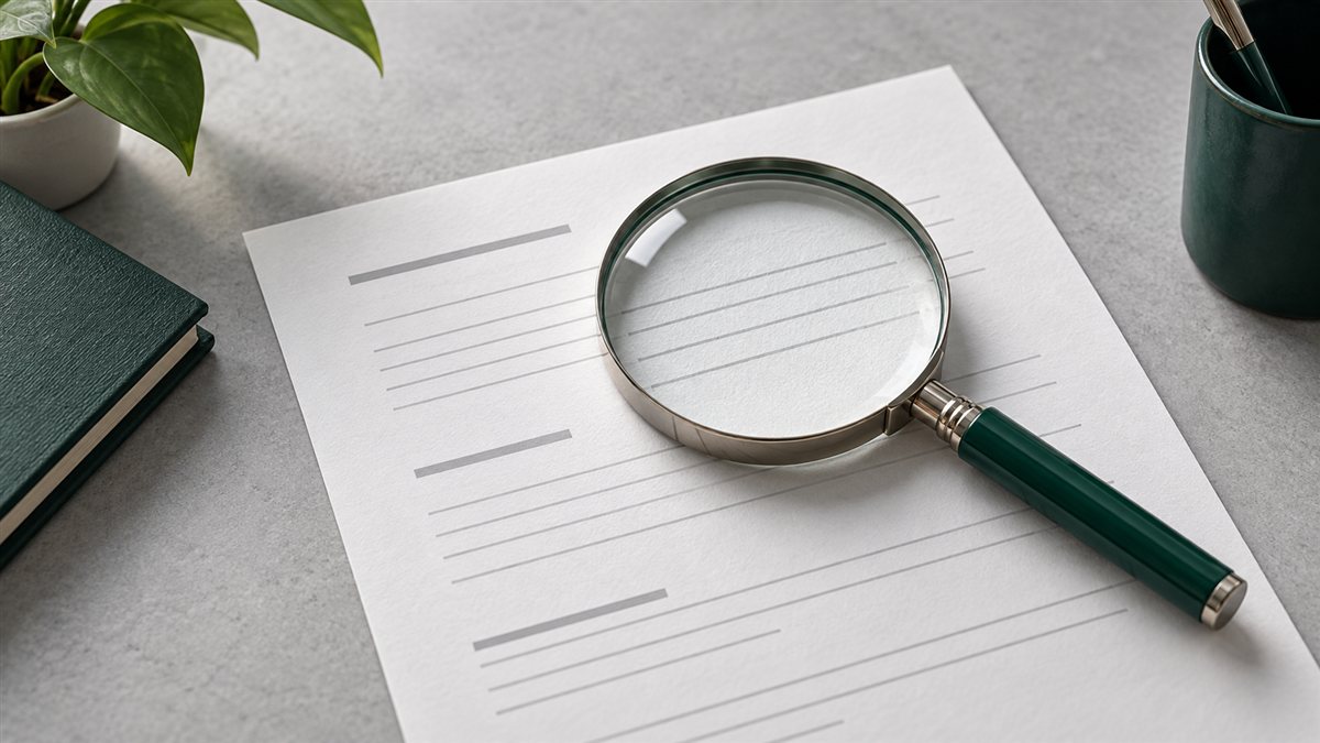 A magnifying glass resting on a resume sheet on a light gray desk.