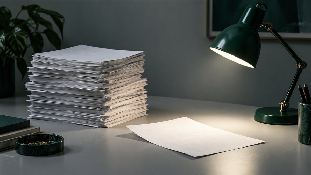 A stack of application papers beside a green desk lamp illuminating a single sheet.