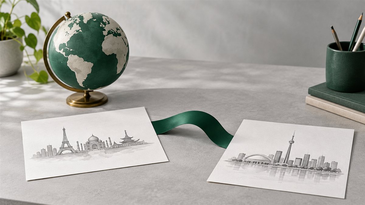 A small globe and two city illustrations connected by a green ribbon.