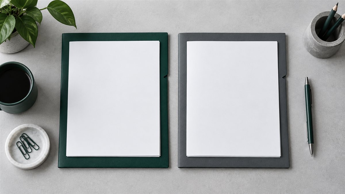 Two equally sized green and slate document folders arranged side by side.