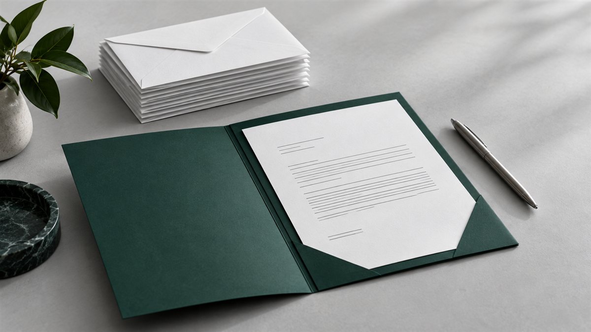 One carefully prepared resume in a green folder beside a stack of envelopes.