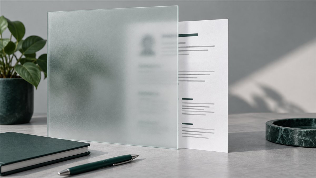 A resume partly obscured by frosted glass, with one edge visible in clear light.