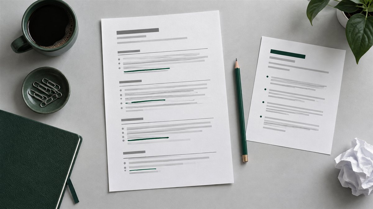 A resume and job brief beside a green pencil, with a few lines marked for revision.