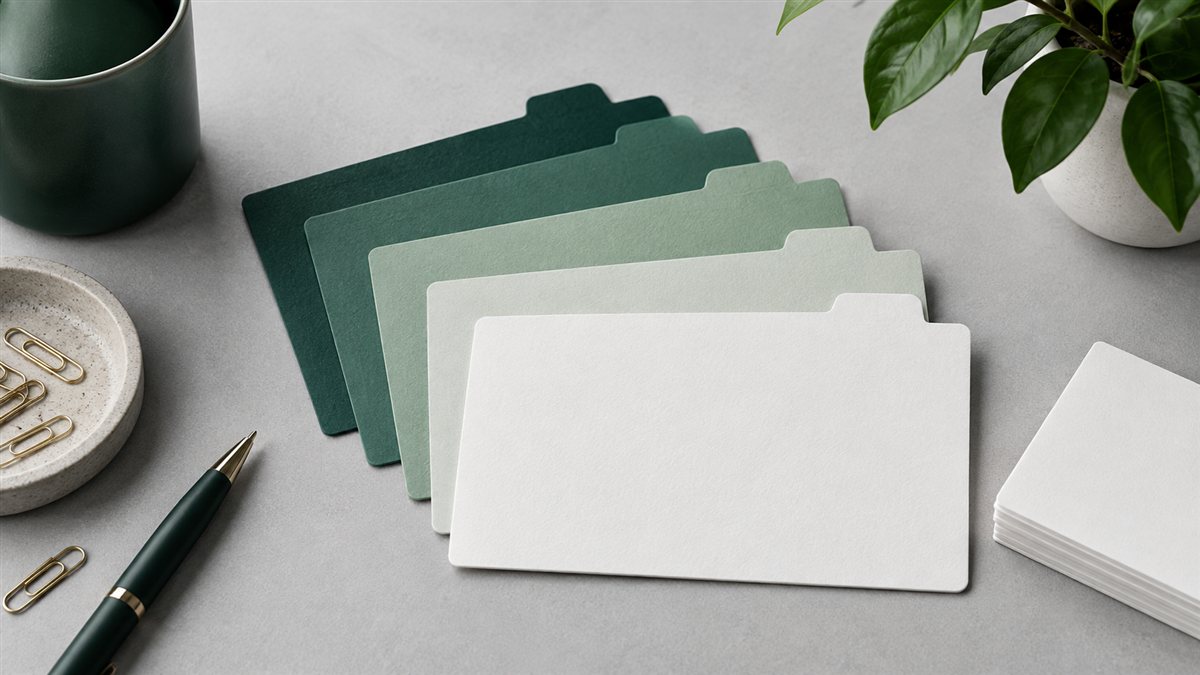 Five green, gray, and white index-card dividers arranged in an orderly fan.