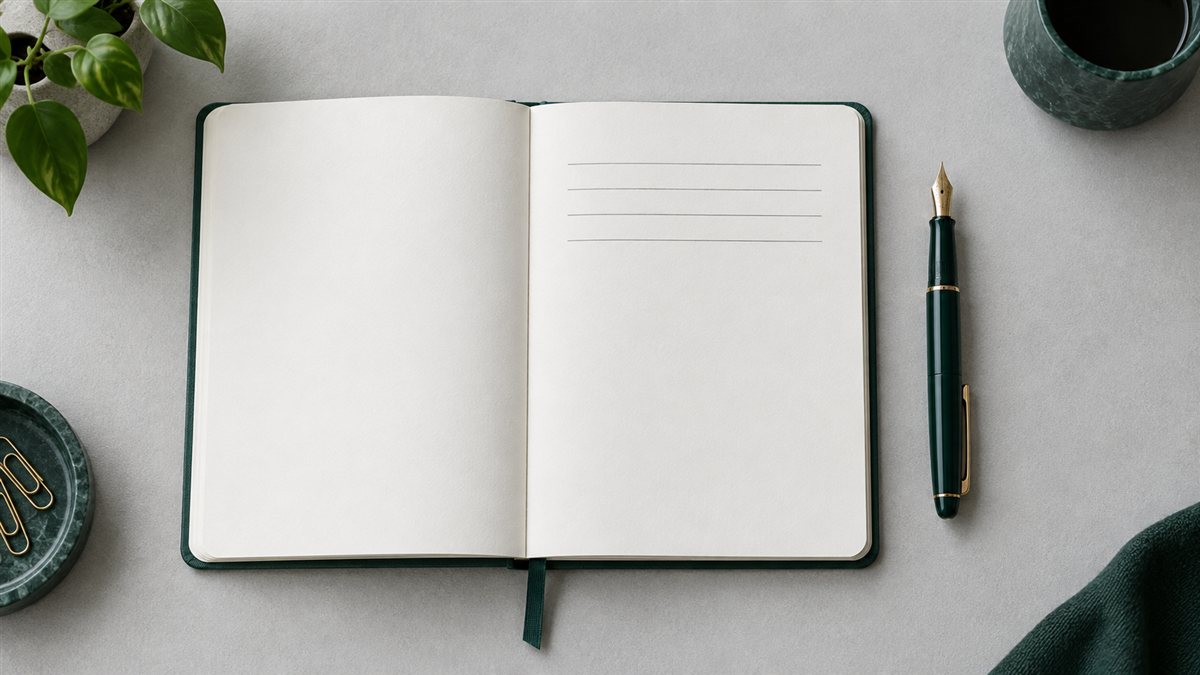 An open notebook with an emerald fountain pen on a light desk.
