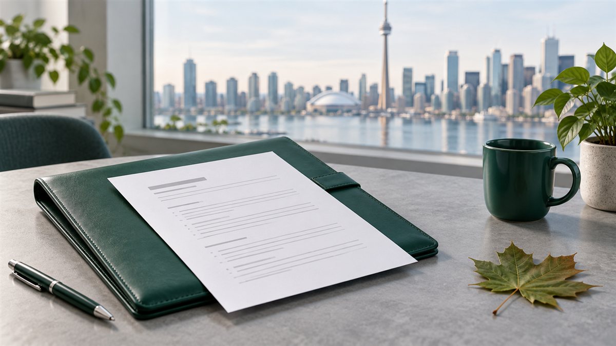 A resume on a green portfolio beside a maple leaf, with Toronto in the background.